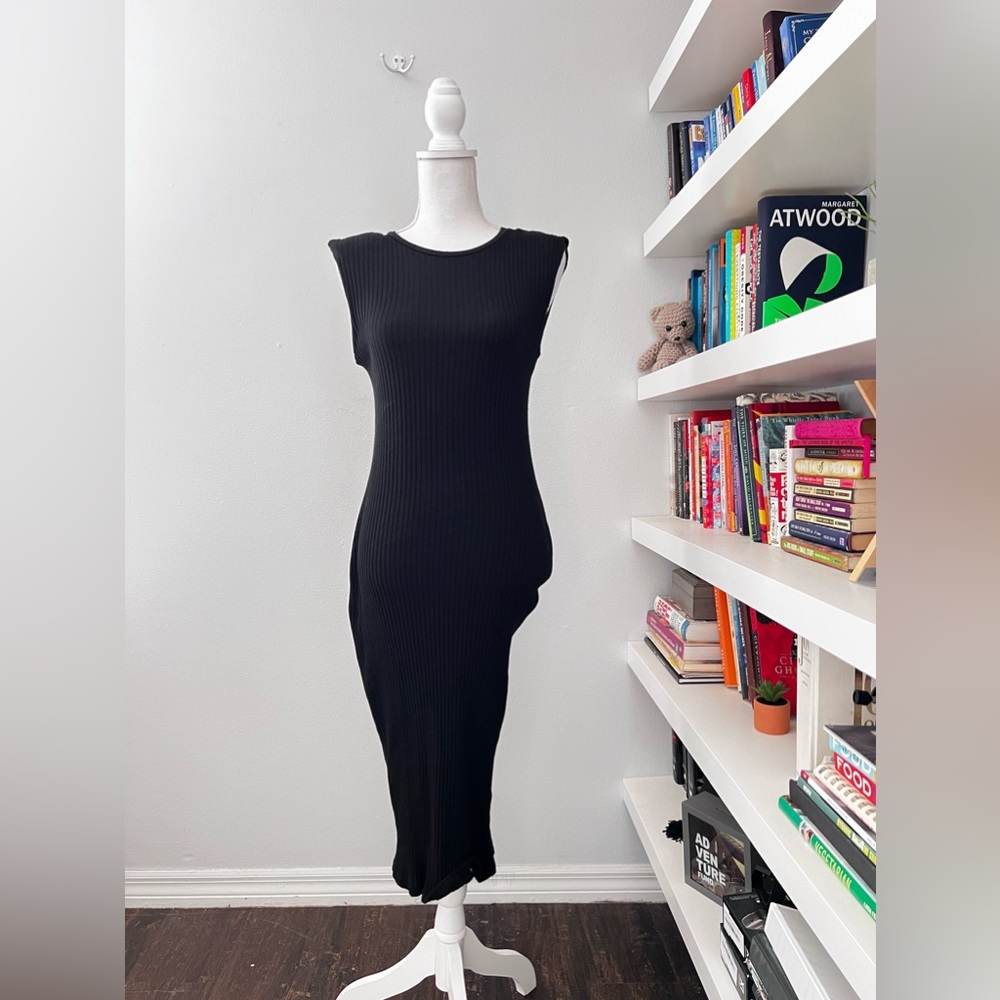 Zara body con dress black ribbed shoulder pads size small